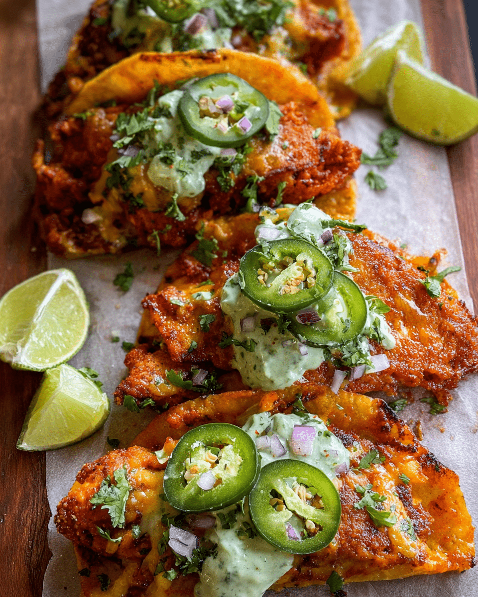 Crispy cheese chicken tacos with avocado cilantro sauce on a plate