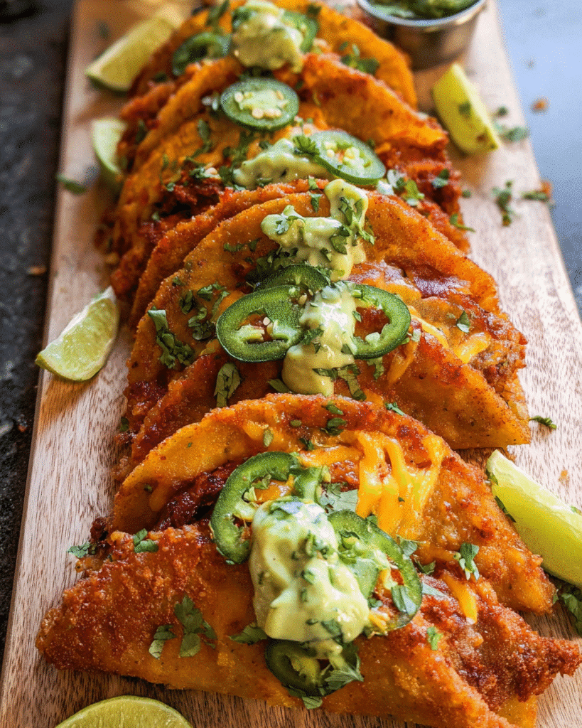 Crispy cheese chicken tacos with avocado cilantro sauce on a plate