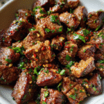 Garlic Butter Steak Bites seared in a skillet with garlic and parsley.