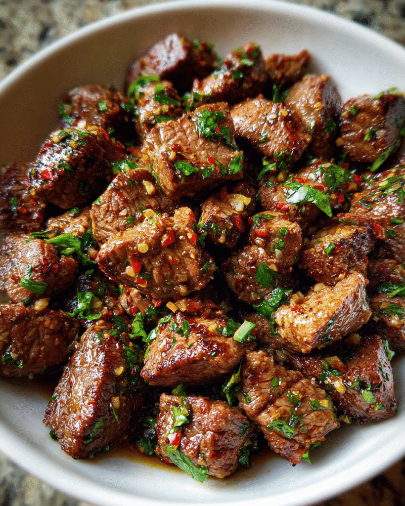 Garlic Butter Steak Bites seared in a skillet with garlic and parsley.