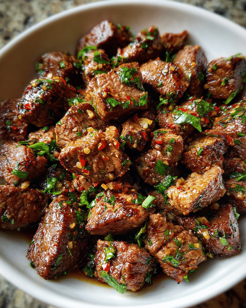 Garlic Butter Steak Bites seared in a skillet with garlic and parsley.
