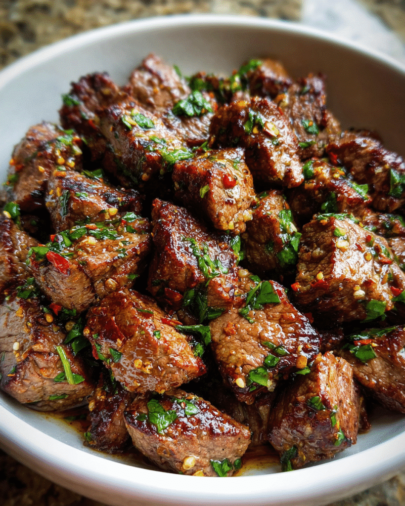 Garlic Butter Steak Bites seared in a skillet with garlic and parsley.
