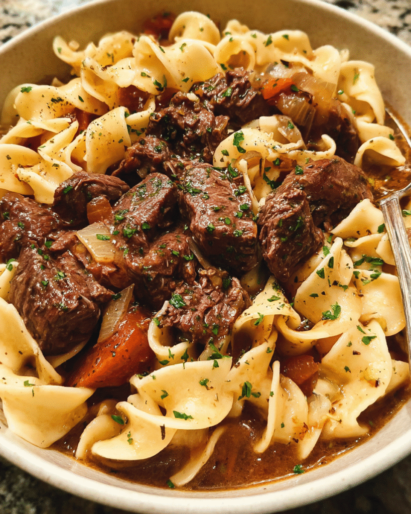 Grandma’s Beef and Noodles in a warm, comforting bowl
