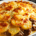Hamburger and Potato Casserole baked with cheese