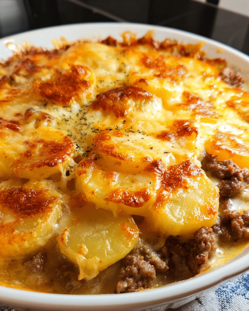 Hamburger and Potato Casserole baked with cheese