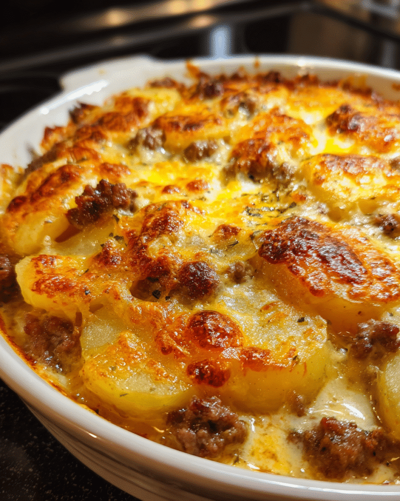 Hamburger and Potato Casserole baked with cheese