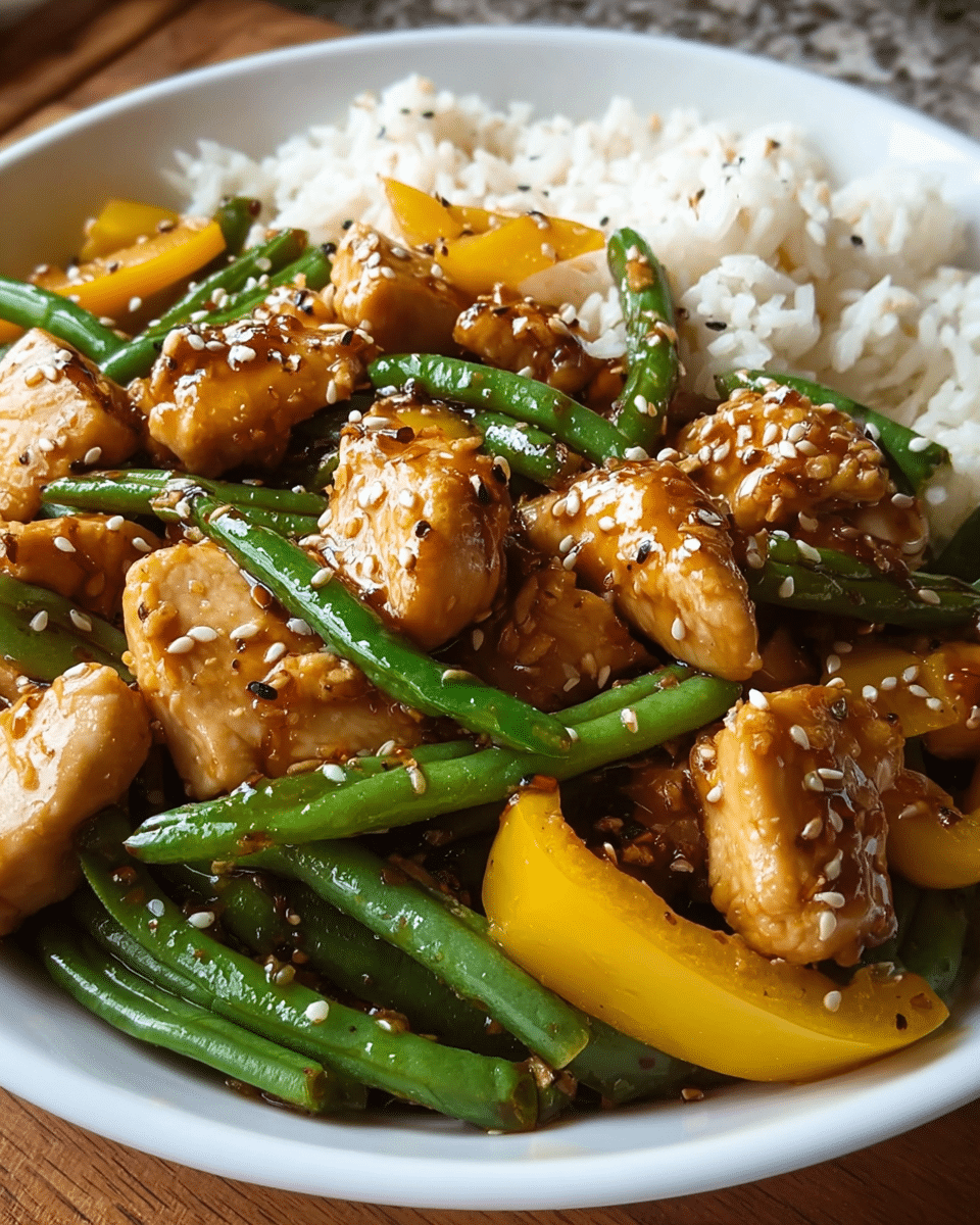 Honey sesame chicken stir fry in skillet with vegetables