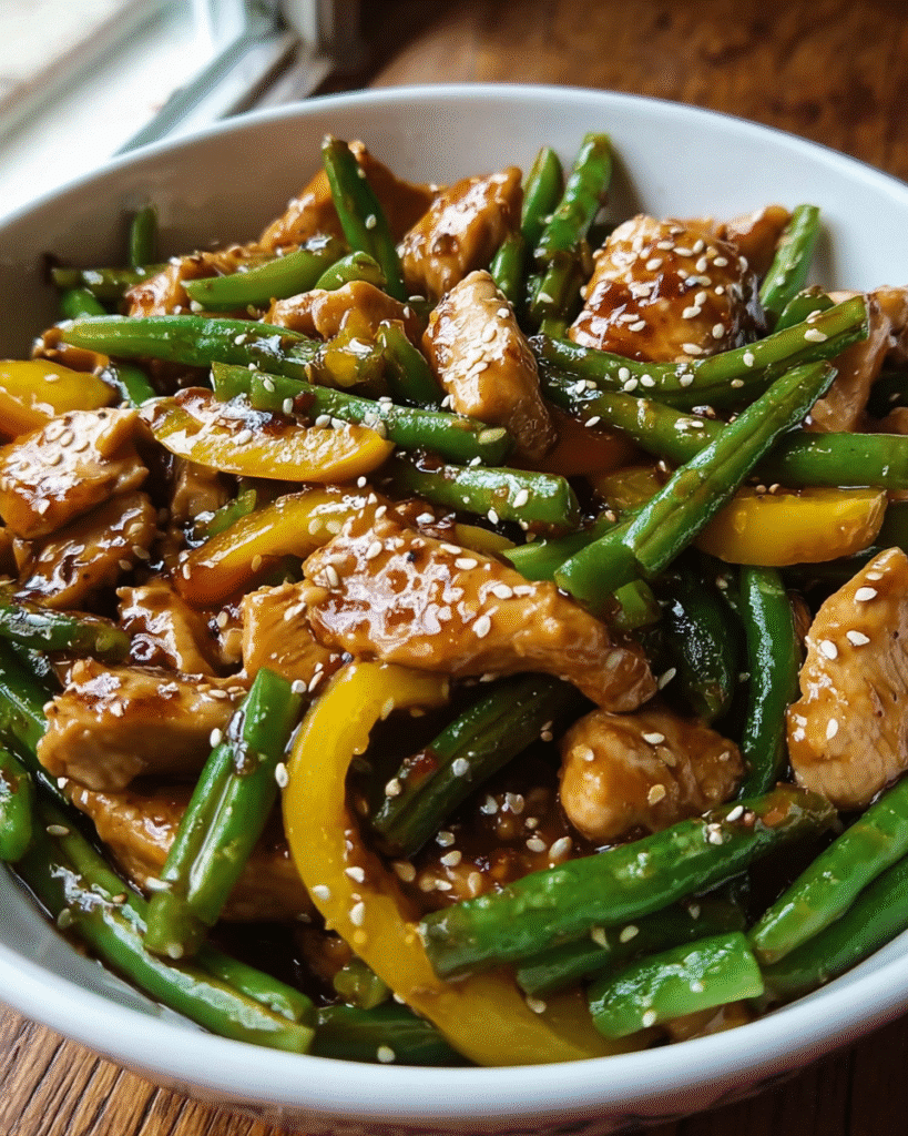 Honey sesame chicken stir fry in skillet with vegetables