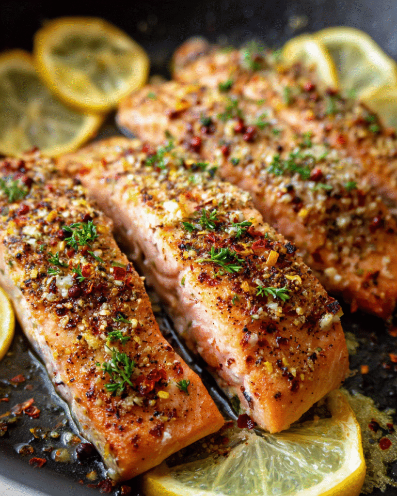 Lemon pepper salmon baked with fresh lemon slices
