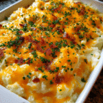 Loaded mashed potato casserole baked with cheddar and herbs