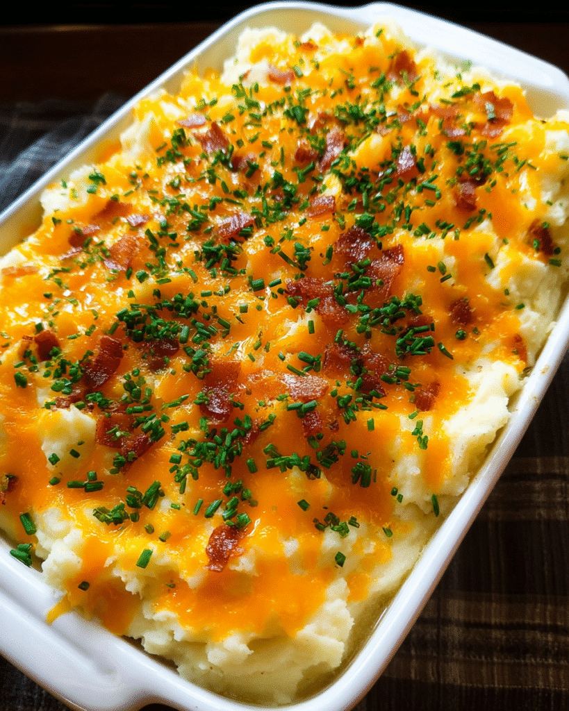 Loaded mashed potato casserole baked with cheddar and herbs