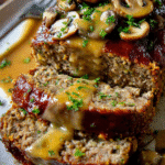 Meatloaf with mushroom gravy sliced on a platter with fresh herbs