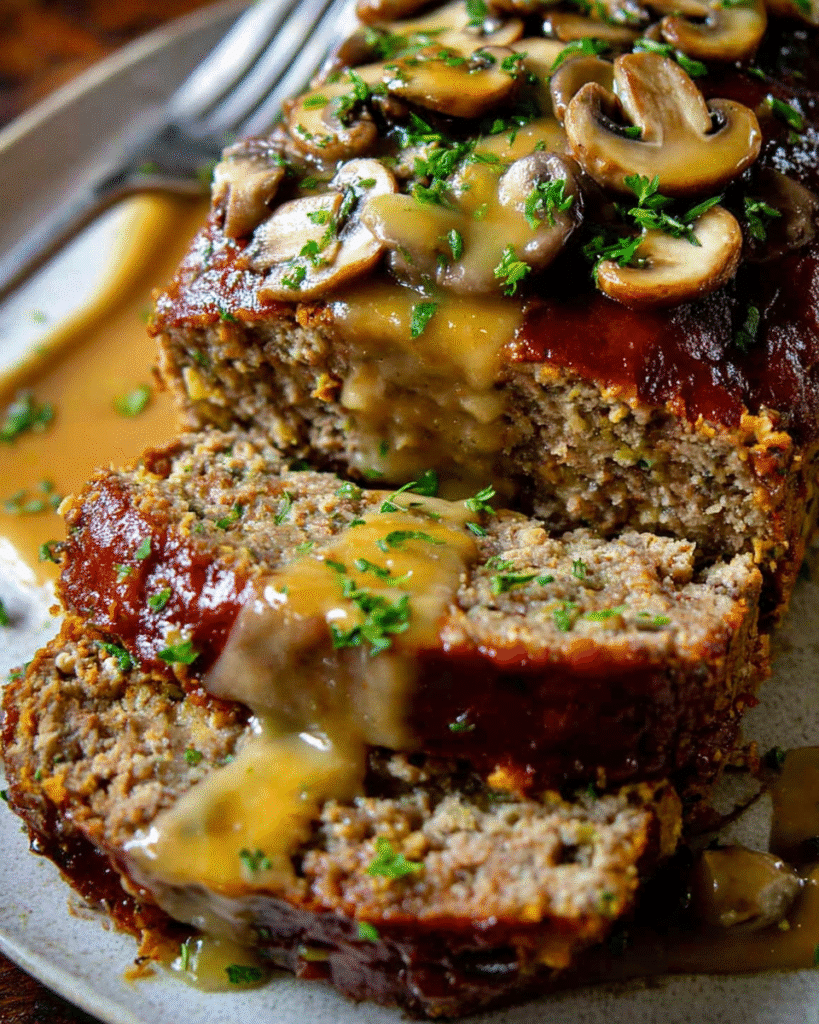 Meatloaf with mushroom gravy sliced on a platter with fresh herbs