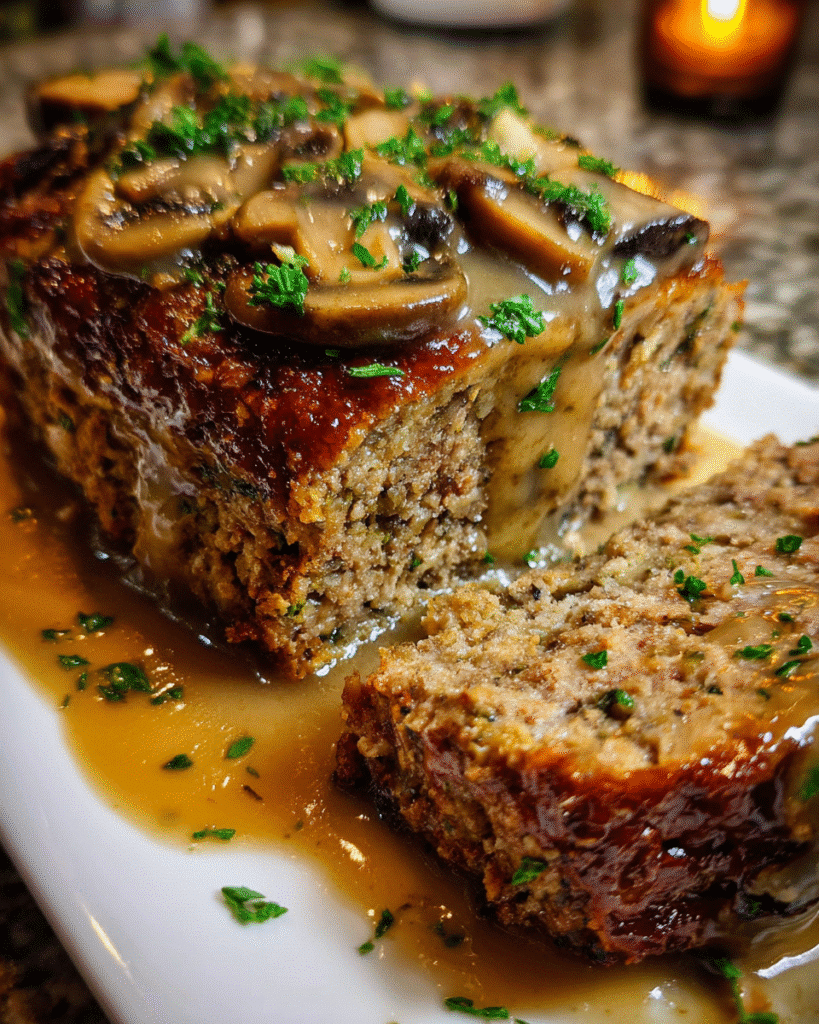 Meatloaf with mushroom gravy sliced on a platter with fresh herbs