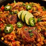 One Pot Mexican Chicken and Rice served in a skillet with lime and cilantro