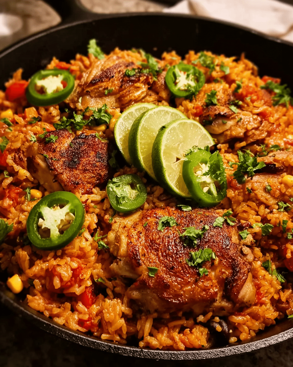 One Pot Mexican Chicken and Rice served in a skillet with lime and cilantro