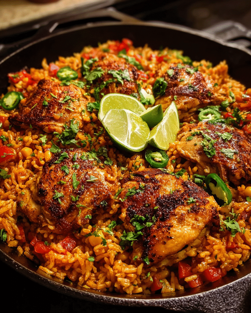 One Pot Mexican Chicken and Rice served in a skillet with lime and cilantro
