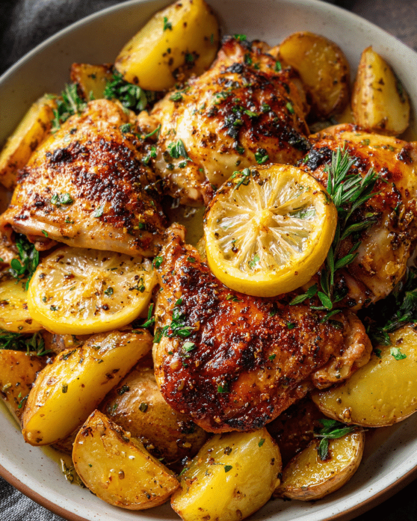 One-pan lemon garlic chicken with roasted potatoes