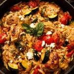 One-pot Greek chicken risoni baked with vegetables, lemon, and feta