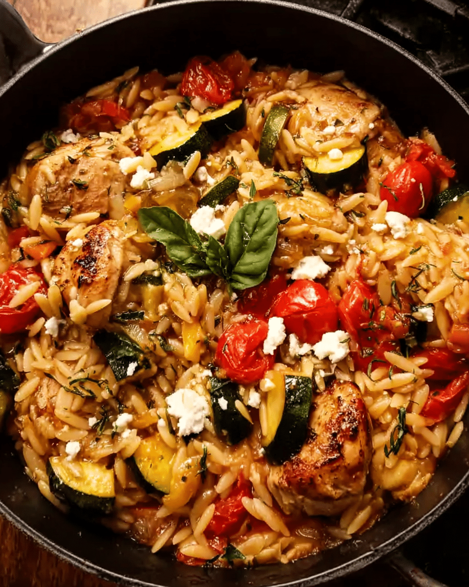 One-pot Greek chicken risoni baked with vegetables, lemon, and feta