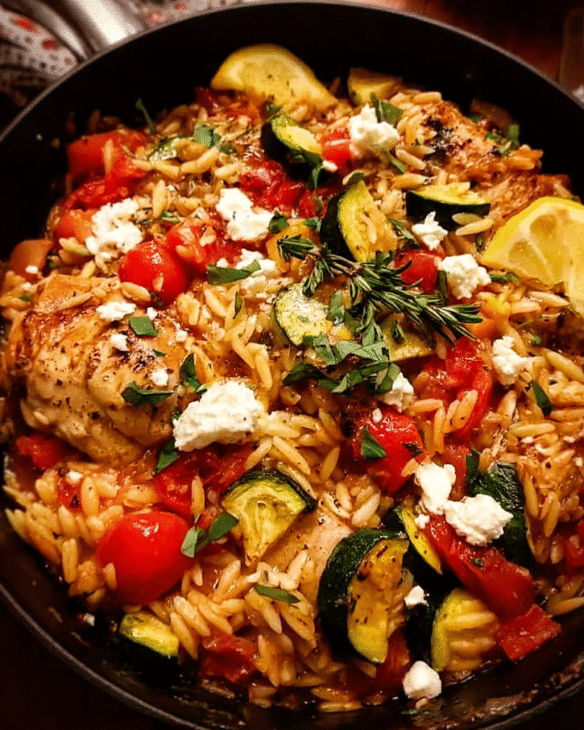 One-pot Greek chicken risoni baked with vegetables, lemon, and feta