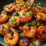 Quick Honey Garlic Shrimp served with rice and green onion