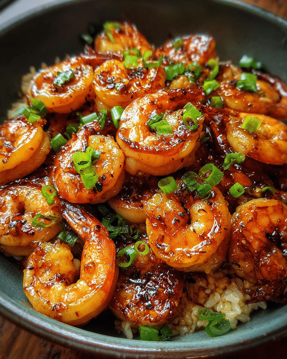 Quick Honey Garlic Shrimp served with rice and green onion