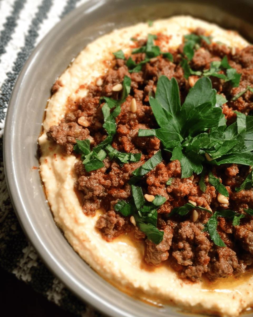 Savory spiced beef over creamy hummus with toasted pine nuts and pita bread