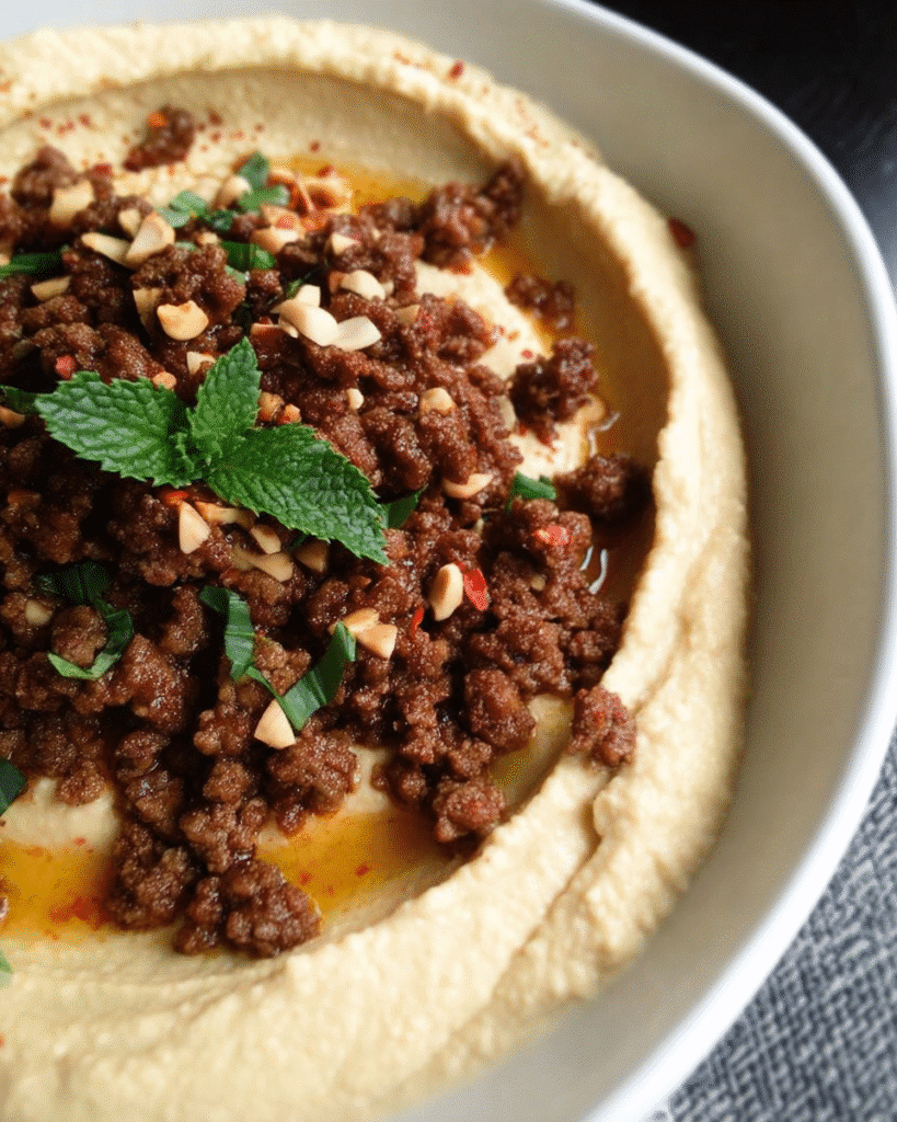Savory spiced beef over creamy hummus with toasted pine nuts and pita bread