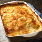 Homemade scalloped potatoes in a casserole dish
