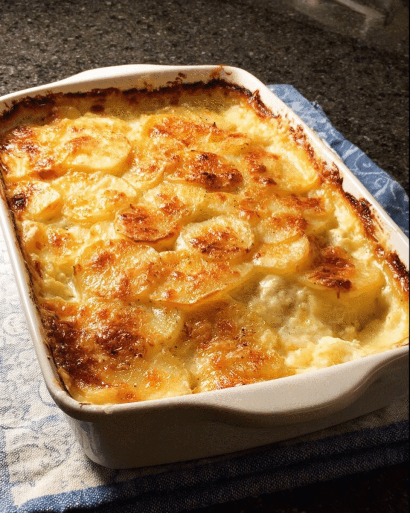 Homemade scalloped potatoes in a casserole dish