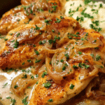 Smothered Chicken in skillet with onion gravy