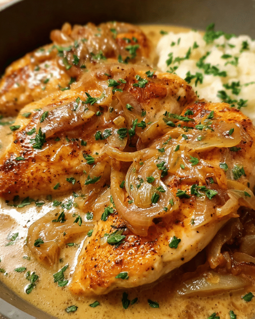 Smothered Chicken in skillet with onion gravy