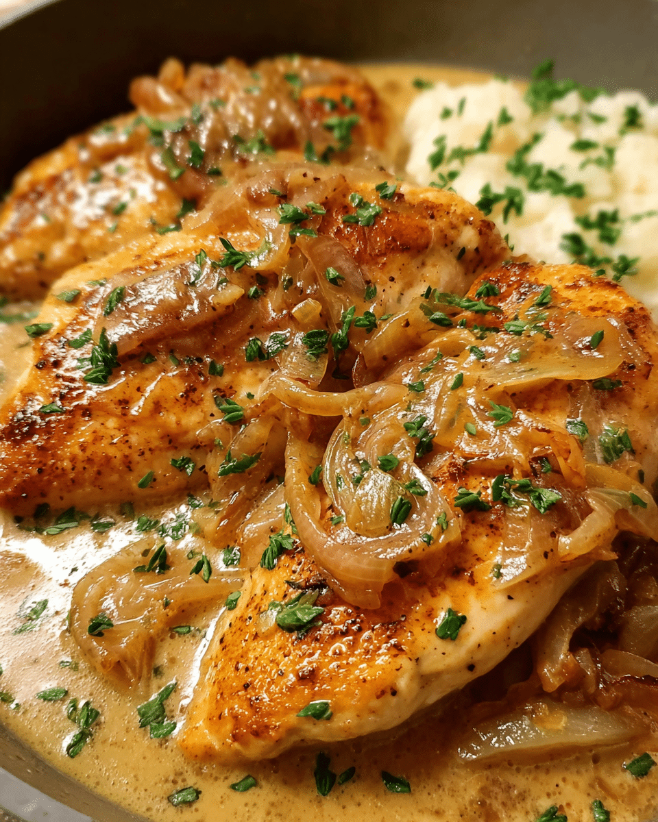 Smothered Chicken in skillet with onion gravy