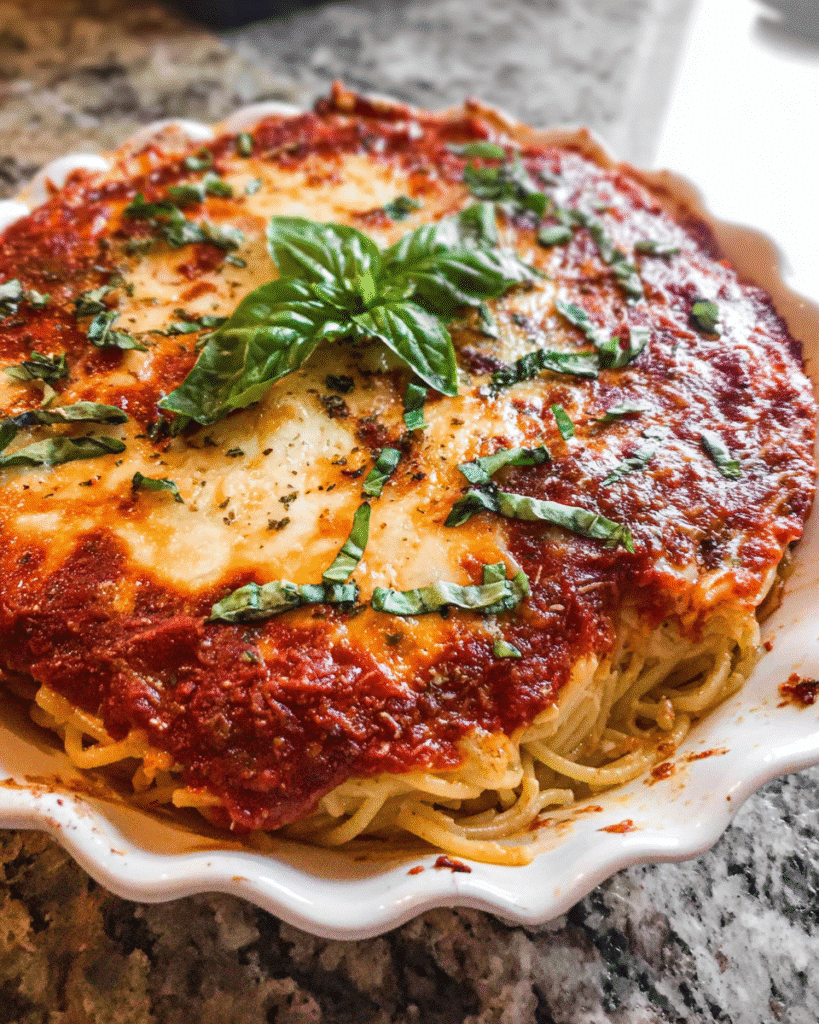 Spaghetti Pie baked in a dish with marinara and ricotta layers