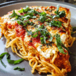 Spaghetti Pie baked in a dish with marinara and ricotta layers