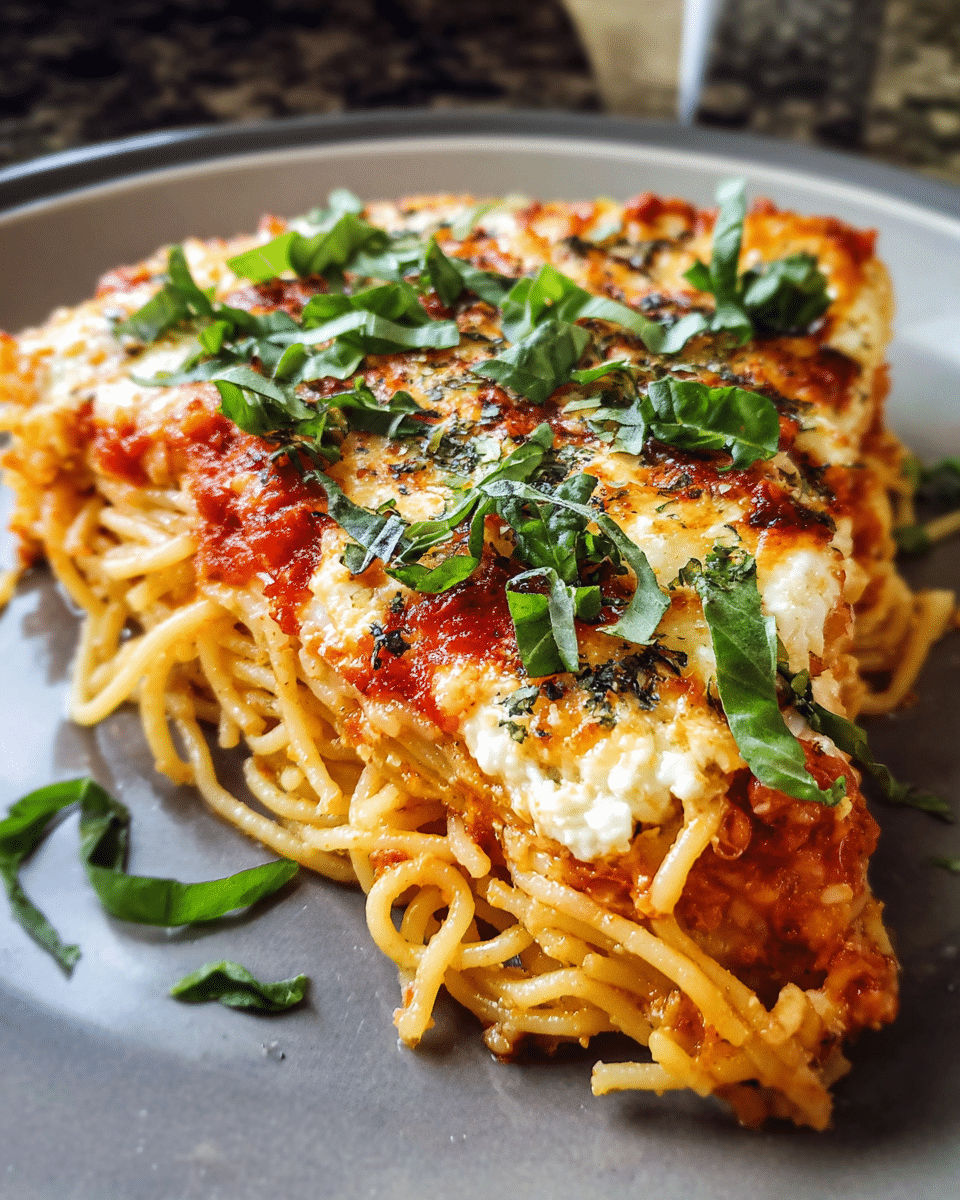 Spaghetti Pie baked in a dish with marinara and ricotta layers