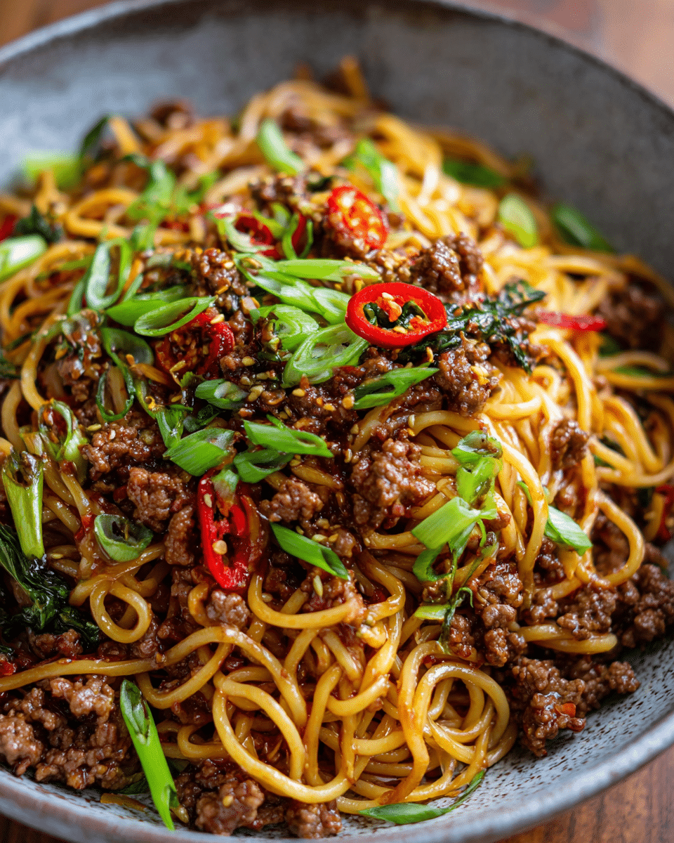 Bowl of sticky beef noodles with scallions
