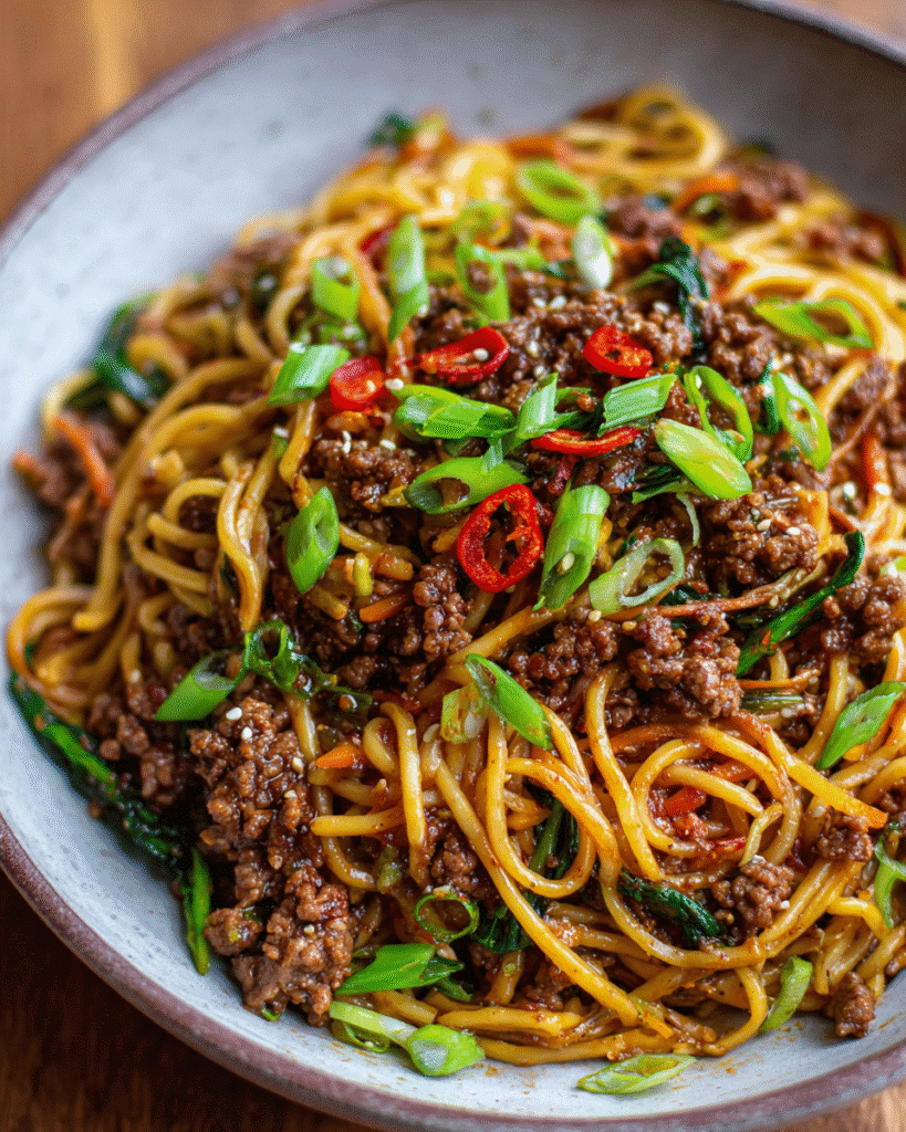 Bowl of sticky beef noodles with scallions