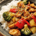 Teriyaki Chicken Stir Fry with broccoli and peppers in skillet