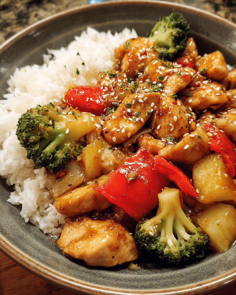 Teriyaki Chicken Stir Fry with broccoli and peppers in skillet