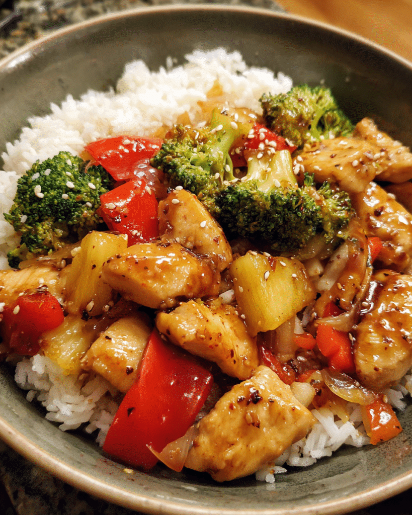 Teriyaki Chicken Stir Fry with broccoli and peppers in skillet