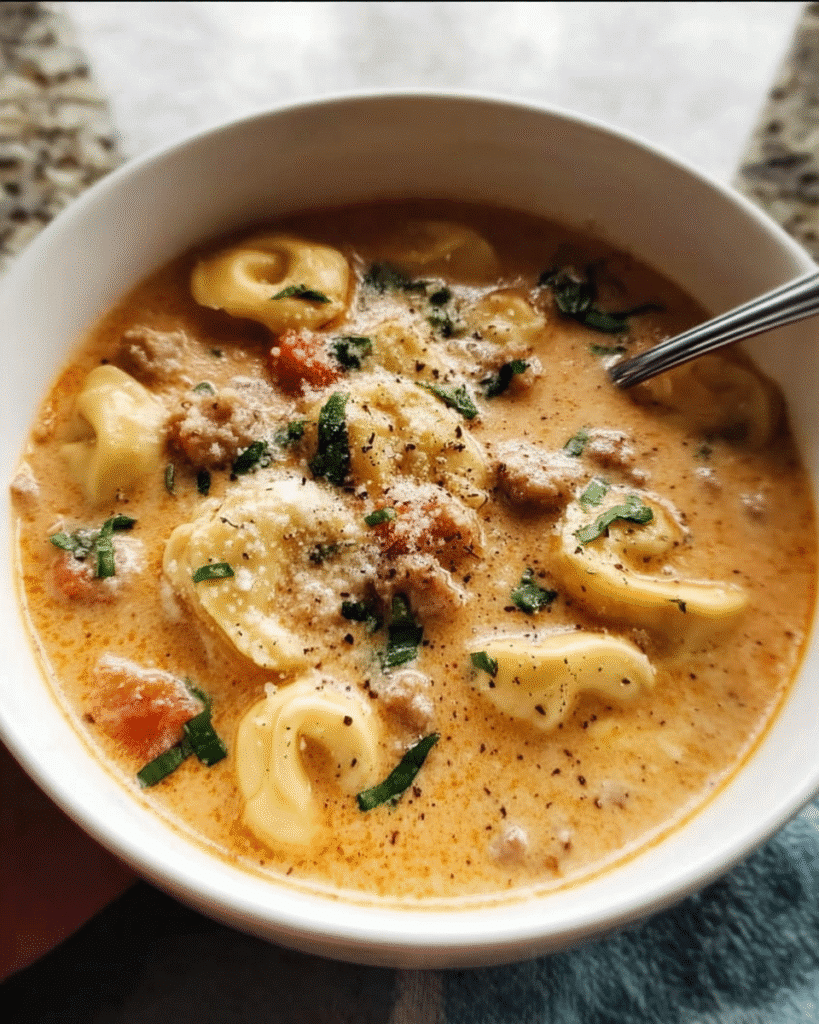 Creamy Tortellini Soup in a bowl with spinach and Parmesan