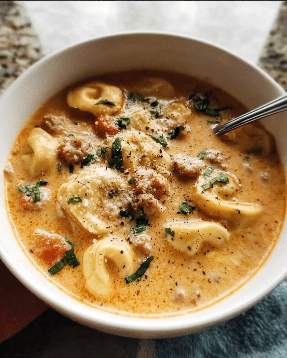 Creamy Tortellini Soup in a bowl with spinach and Parmesan