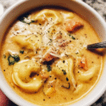 Creamy Tortellini Soup in a bowl with spinach and Parmesan