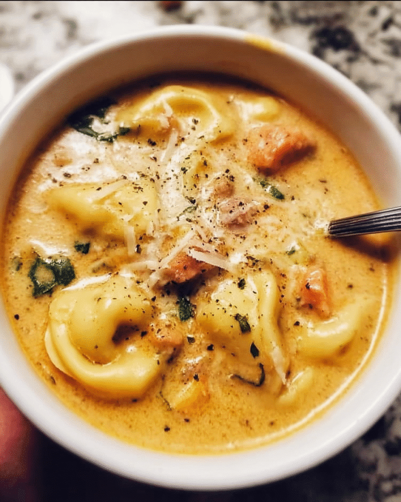 Creamy Tortellini Soup in a bowl with spinach and Parmesan