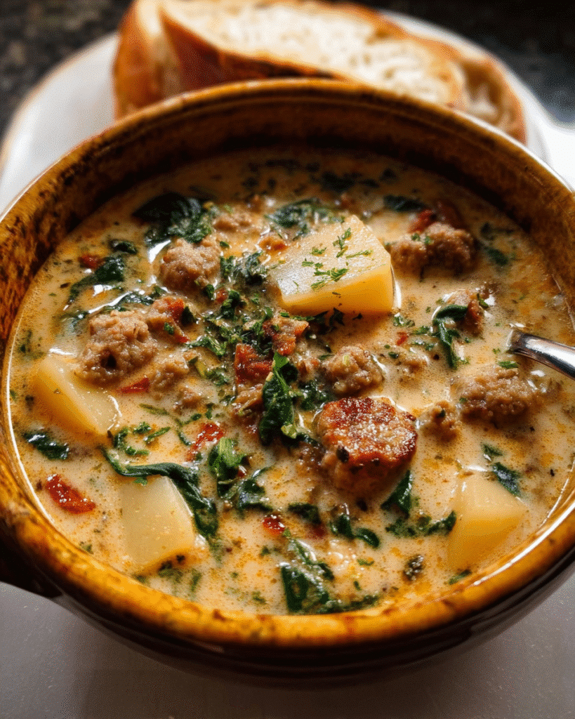 Bowl of Zuppa Toscana with sausage, potatoes, and kale