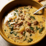 Bowl of Zuppa Toscana with sausage, potatoes, and kale