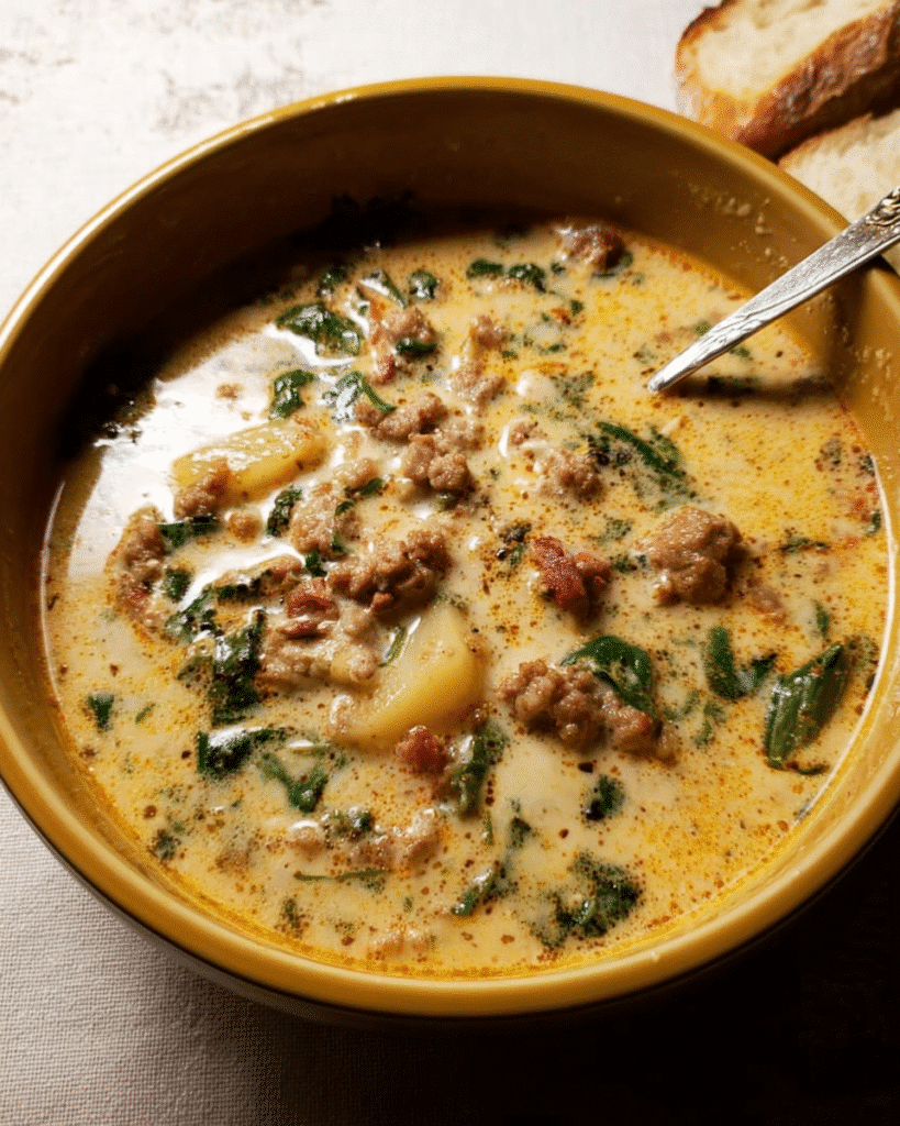 Bowl of Zuppa Toscana with sausage, potatoes, and kale