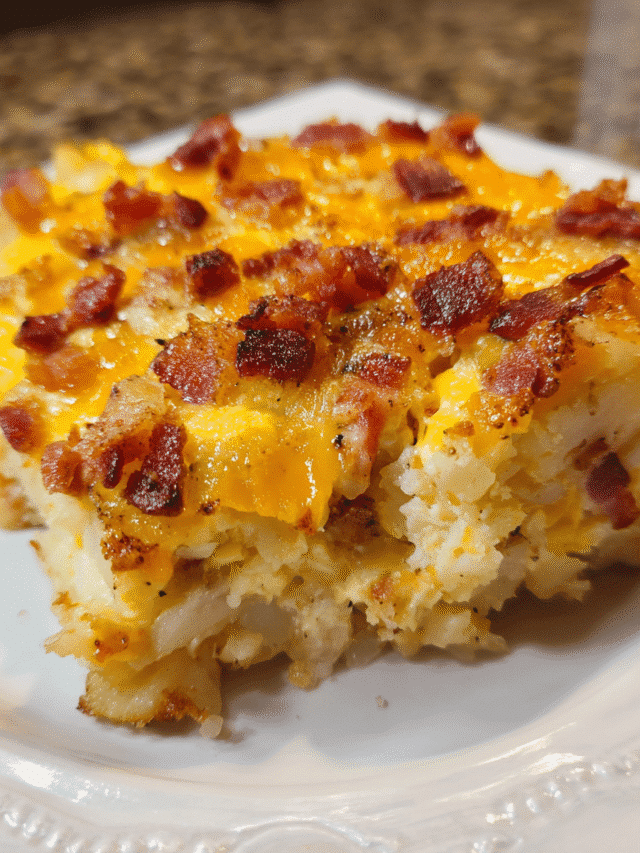Bacon potato casserole with golden top in baking dish